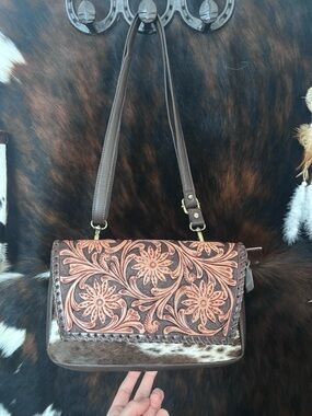 Tooled Floral Leather Shoulder Bag With Hair on Hide